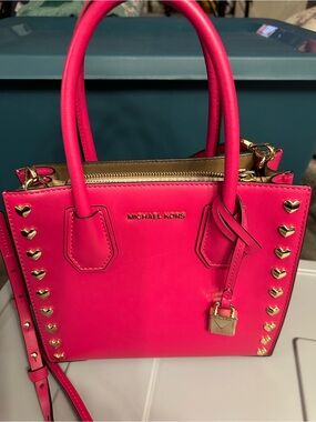 MICHAEL KORS Hot Pink Leather Tote with Gold Heart Studs